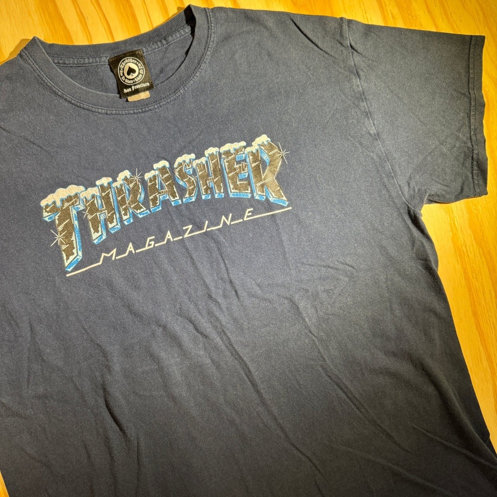 Thrasher Men's Black Ice Logo‎ Graphic Magazine T-Shirt Navy Blue Skate Size L